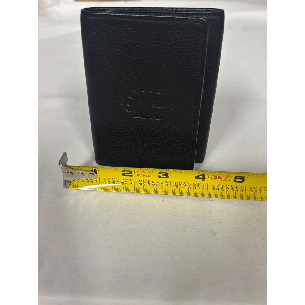 Calvin Klein Mens Black Pebbled Leather Trifold Wallet Embossed CK Logo